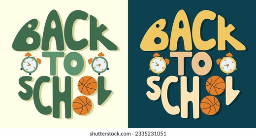 Handwritten inscription back to school in the shape of a circle. Colorful cartoon vector design. Illustration for any purpose. Positive motivational or inspirational quote. Groovy vintage lettering.