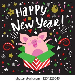 Handwritten inscription Happy New Year. Modern hand drawn lettering. Funny cute pig jumps out of a gift box. Symbol 2019 year. Vector background.