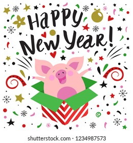 Handwritten inscription Happy New Year. Modern hand drawn lettering. Funny cute pig jumps out of a gift box. Symbol 2019 year. Vector background.