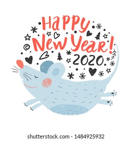 Handwritten inscription Happy New Year. Modern ink brush lettering and calligraphy. Hand drawn vector cute mouse. Chinese symbol 2020 year. Rat is jumping.