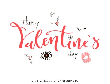 Handwritten inscription Happy Valentine's day with doodle elements.Vector