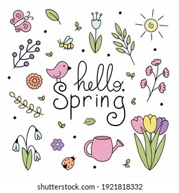 Handwritten inscription hello spring. Lettering by March 1. A set of spring elements for the design of a postcard or poster.