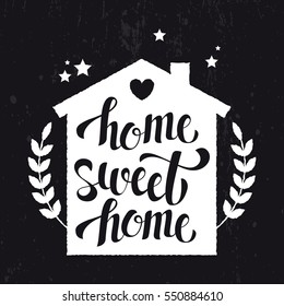 Handwritten inscription "Home, Sweet Home" on background of nice house and leaves. Vector illustration. Lettering, calligraphy