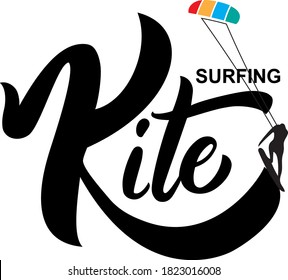 Handwritten inscription for kite surfers with a contour drawing of a man on a Board and a kite. Perfect for logo, embroidery, stickers, tags. Vector text in black.