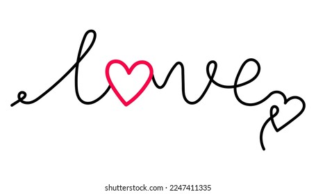 Handwritten inscription Love with a red heart. Isolated vector illustration. A word in the style of linart, minimalistic design.