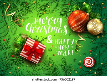 Handwritten inscription Merry Christmas. Modern calligraphy. Vector card with realistic fir tree, balls, cones and hand drawn conifers branches. 3D. New year background. Sketch vintage illustration.