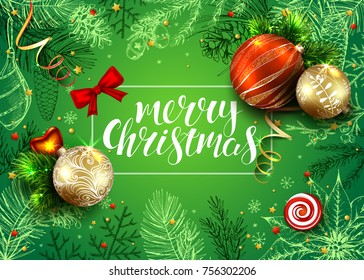 Handwritten inscription Merry Christmas. Modern calligraphy. Vector card with realistic fir tree, balls, cones and hand drawn conifers branches. 3D. New year background. Sketch vintage illustration.