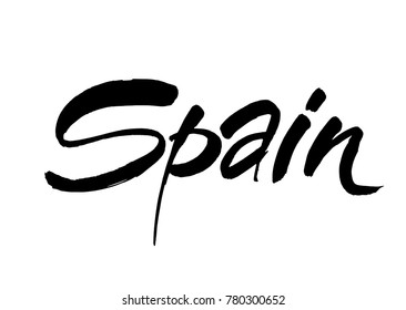 Handwritten inscription Spain. Hand drawn brush lettering. Calligraphic element for your design. Vector illustration.