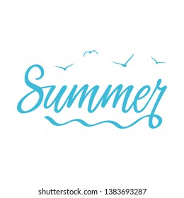 handwritten inscription Summer with stylish sun and seagulls over the waves of the sea. Caligraphic print for t-shirt print, package, cup. flat vector illustration isolated on white background