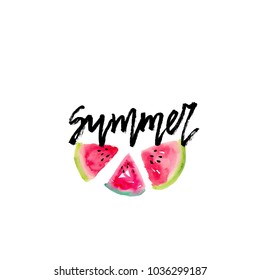 Handwritten inscription Summer and three slices of watermelon. Vector illustration of a watercolor painted in watercolor. Objects isolated on white background. Template for design of a card, postcard.
