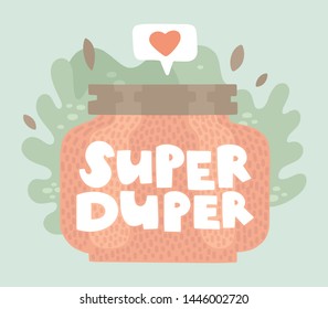 Handwritten inscription "super duper" on packaging. Colorful background from leaves and like heart icon.   Illustration in doodle style