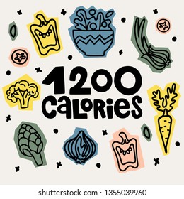 handwritten inscription surrounded by vegetables. Scandinavian style illustration. The concept of diet food, healthy food.