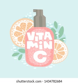 Handwritten inscription vitamin c on glass packaging. Colorful background from oranges and leaves. Cosmetology, skin care, protect skin, anti-aging. Illustration in doodle style.