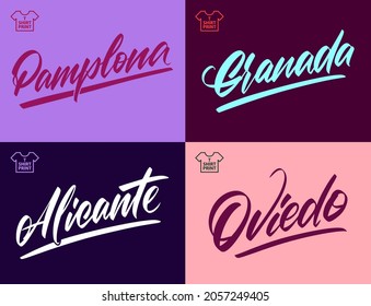 Handwritten inscriptions of the cities of Spain - Granada, Alicante, Pamplona, Oviedo for printing on T-shirts and souvenirs. Vector illustration.