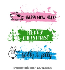 Handwritten inscriptions Merry Christmas and Happy New Year. Modern brush lettering and calligraphy. Hand drawn doodle elements. Cute pig symbol 2019 year.