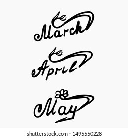 Handwritten inscriptions for the names of the spring months of the year in black on a white isolated background. Seasons Banner Design