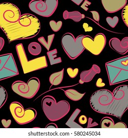 Handwritten inscriptions on a black background. Valentines day seamless doodle pattern. Hand drawn seamless pattern. Vector elements: heart, love text, flower, letter in pink, yellow and purple colors