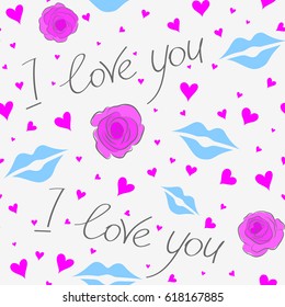 Handwritten inscriptions on a neutral background. Vector elements: heart, flower, love text and letter. Valentines day seamless doodles pattern. Hand drawn seamless pattern.