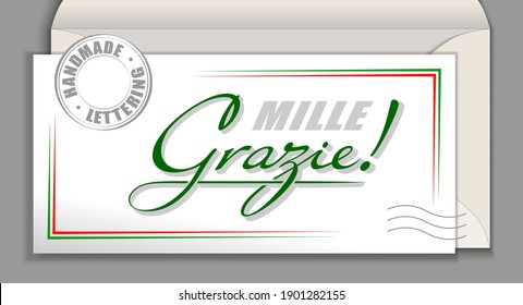 Handwritten Italian language lettering Grazie mille - Thank you very much. Italy vector calligraphy phrase Thank You so much isolated on white envelope card