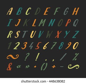 Handwritten italic grunge font with punctuation marks on black background. Uppercase font contains question mark, exclamation point, period, comma, dash, hyphen, bracket etc. Vector illustration.