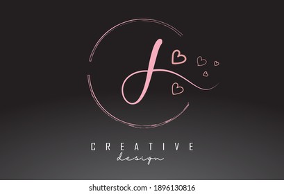 Handwritten J Letter Logo Design with Dust Pink Watercolor Ring and Outline Hearts. Creative J letter logo. 