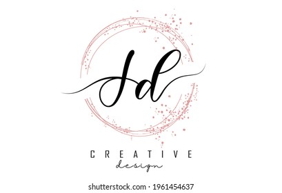 Handwritten JD J D letter logo with sparkling circles with pink glitter. Decorative vector illustration with J and D letters.