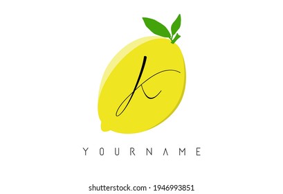 Handwritten K letter logo design with lemon background. Creative vector illustration with lemon and letter K.