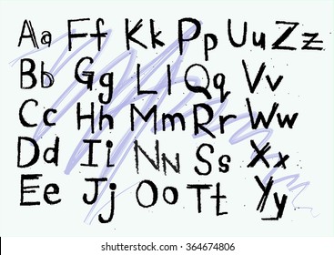 Handwritten kids style line alphabet with ink pen
