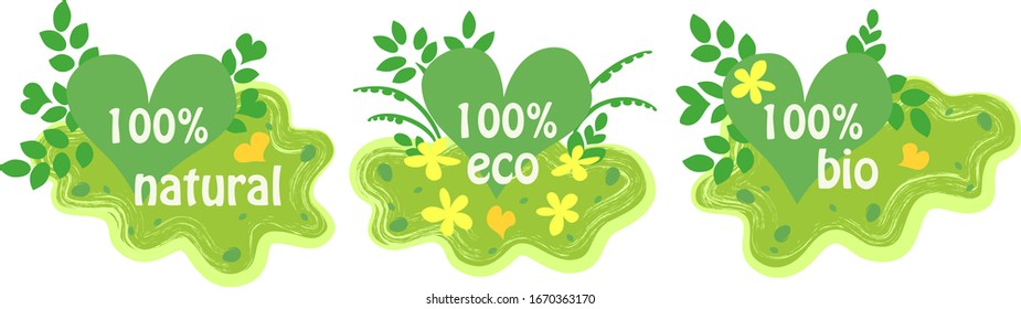 Handwritten labels for organic and natural products, labels for organic healthy foods and vegan products badge