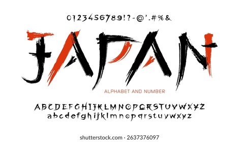 Handwritten Latin Alphabet in Traditional Japanese Ink Style - Brush Font with Calligraphic Letters, Numbers and Symbols.