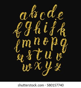 Handwritten Latin Calligraphy Brush Script Of Lowercase Letters. Gold Glitter Alphabet. Vector Illustration