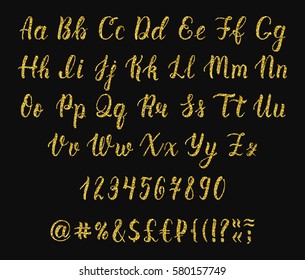 Handwritten latin calligraphy brush script with numbers and symbols. Gold glitter alphabet. Vector illustration