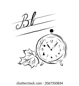 Handwritten letter B, clock and leaves. School emblem. Vector illustration. 