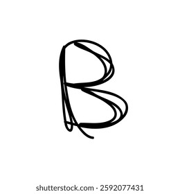 Handwritten letter B of latin english language. Black font symbol in hand drawn doodle style. Vector illustration isolated on white background. For presentation, logo, branding, font, education.