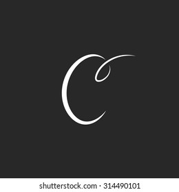 Handwritten letter C logo, monogram of fine lines, black and white mockup emblem for wedding invitations