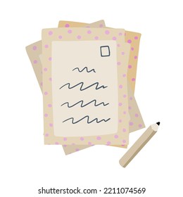 Handwritten letter in craft paper. Greetings and correspondence. Handmade sheet with mail. Postal invitation. Cartoon illustration