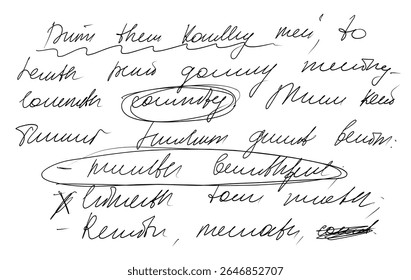 Handwritten letter with english unreadable text. Doodle old manuscript on transparent background 