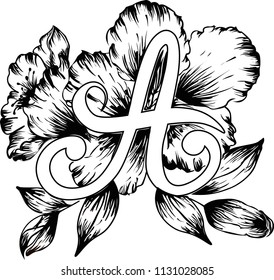 Handwritten letter A with flowers in black and white color drawing. Floral alphabet. Can be used as prints, tattoo arts, logos, etc.