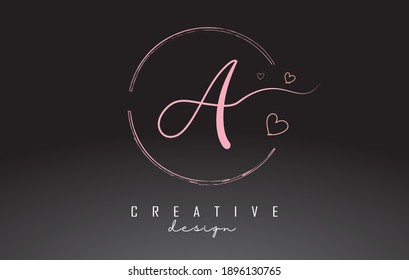 Handwritten A Letter Logo Design with Dust Pink Watercolor Ring and Outline Hearts. Creative A letter logo. 