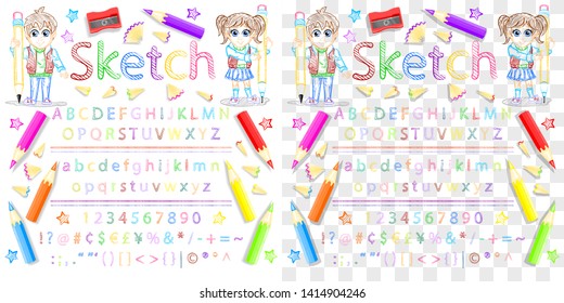 Handwritten letter, number, symbol drawn hatching. Font without fill, only lines. Outline schoolboy, schoolgirl. Color fill isn't the gradient. White background transparent in EPS. Vector illustration