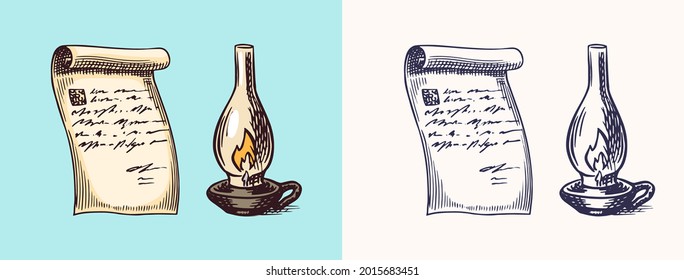 A hand-written letter Letter on paper and Kerosene or paraffin lamp in vintage engraved style. Message. Retro vector illustration for woodcut or woodblock or print. Hand drawn.