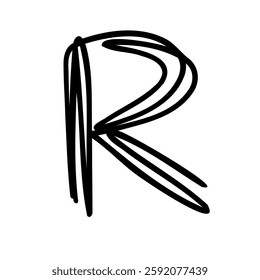 Handwritten letter R of latin english language. Black font symbol in hand drawn doodle style. Vector illustration isolated on white background. For presentation, logo, branding, font, education.