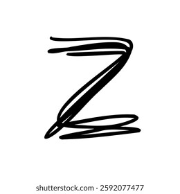 Handwritten letter Z of latin english language. Black font symbol in hand drawn doodle style. Vector illustration isolated on white background. For presentation, logo, branding, font, education.