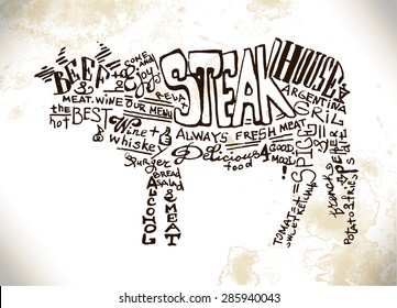 Hand-written lettering advertising Steak House art and advertising for posters and menu with cow, beaf from the handwritten text composition on a wooden board