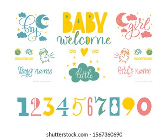 Handwritten lettering of baby metrics design. Delicate colors for poster and vector design. Handwritten calligraphic phrases and numbers for greeting a child. A boy and a girl, the moon, the clouds.