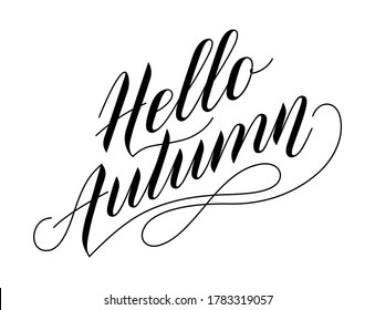 Handwritten lettering for background, postcard, posters, banner, greeting card.Hello autumn. Text for logo. Hand drawn vector caption for seasonal postcards