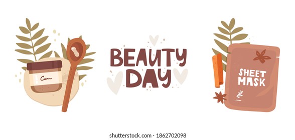 Handwritten lettering beauty day. Hearts and abstract dots. Drawn cosmetic packaging. Testing cream, face mask, tropical leaves. Set of vector illustrations. Home spa concept, skincare, relaxation.