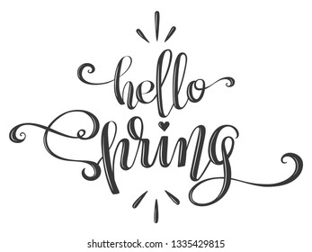 Hand-written lettering, calligraphic phrase Hello Spring. Vector illustration, isolated on white background. Design for greeting card, poster, banner.