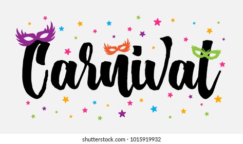 Handwritten lettering of Carnival Event. Carnival Brazil Festive Title With Colorful Party Elements. Travel destination in During Summer