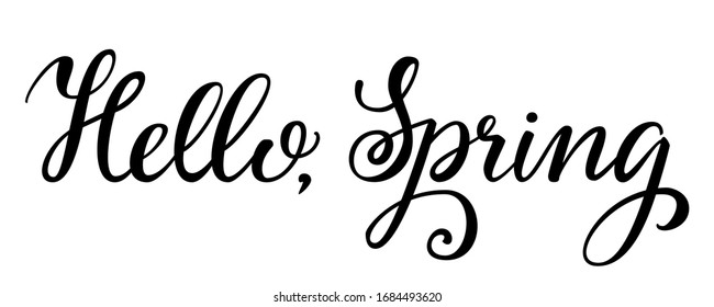 Handwritten lettering composition Hello spring black on the white background. Seasonal design element for greeting card design, invitation. Vector illustration.